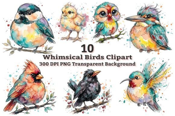 Download Whimsical Birds Watercolor Clipart Bundl - Bird Collection