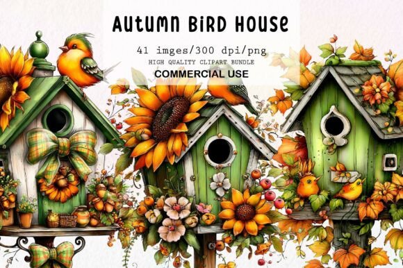 Download Whimsical Autumn Bird House Clipart - Bird Collection